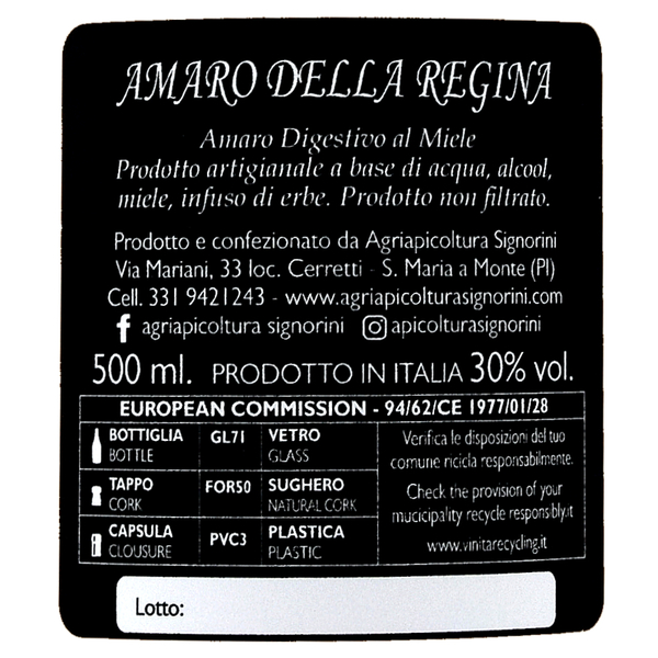 Amaro della Regina - Etichetta bottiglia 500 ml - 30% vol.