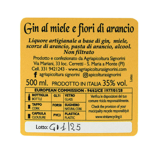 Gin al Miele e Fiori di Arancio - Etichetta Bottiglia 500ml - 37,5% vol.