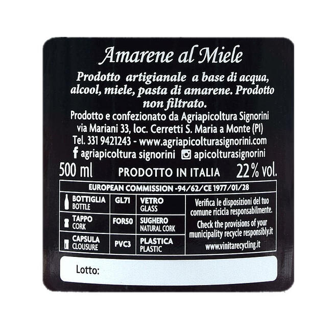Liquore di Amarene al Miele - Etichetta Bottiglia 500ml - 22% vol.